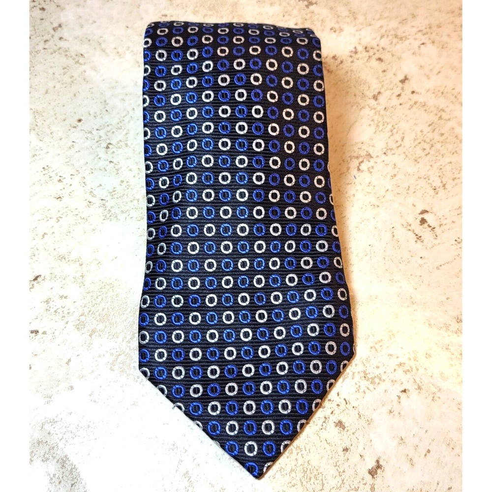 Chaps Black Geometric Blue & Silver Circles Textured Silk‎ Handmade Pointed Tie